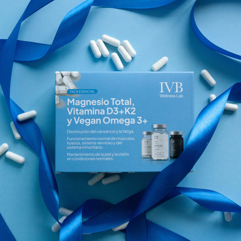 IVB Pack Esenciales – Magnesio Total, Vitamina D3+K2 y Vegan Omega 3+ para energía, huesos, sistema inmunitario y salud cardiovascular, con un 13% de descuento