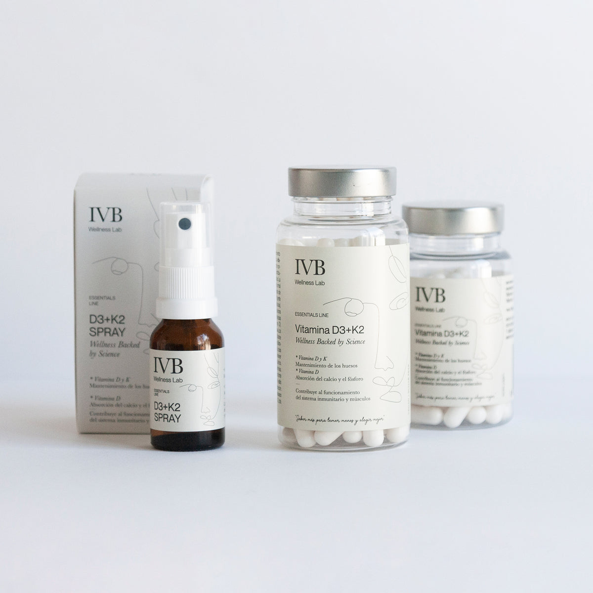 IVB Vitamina D3+K2 – formatos disponibles: 60 cápsulas (2 meses), 90 cápsulas trimestral, 1 cápsula al día y spray sabor tarta de limón