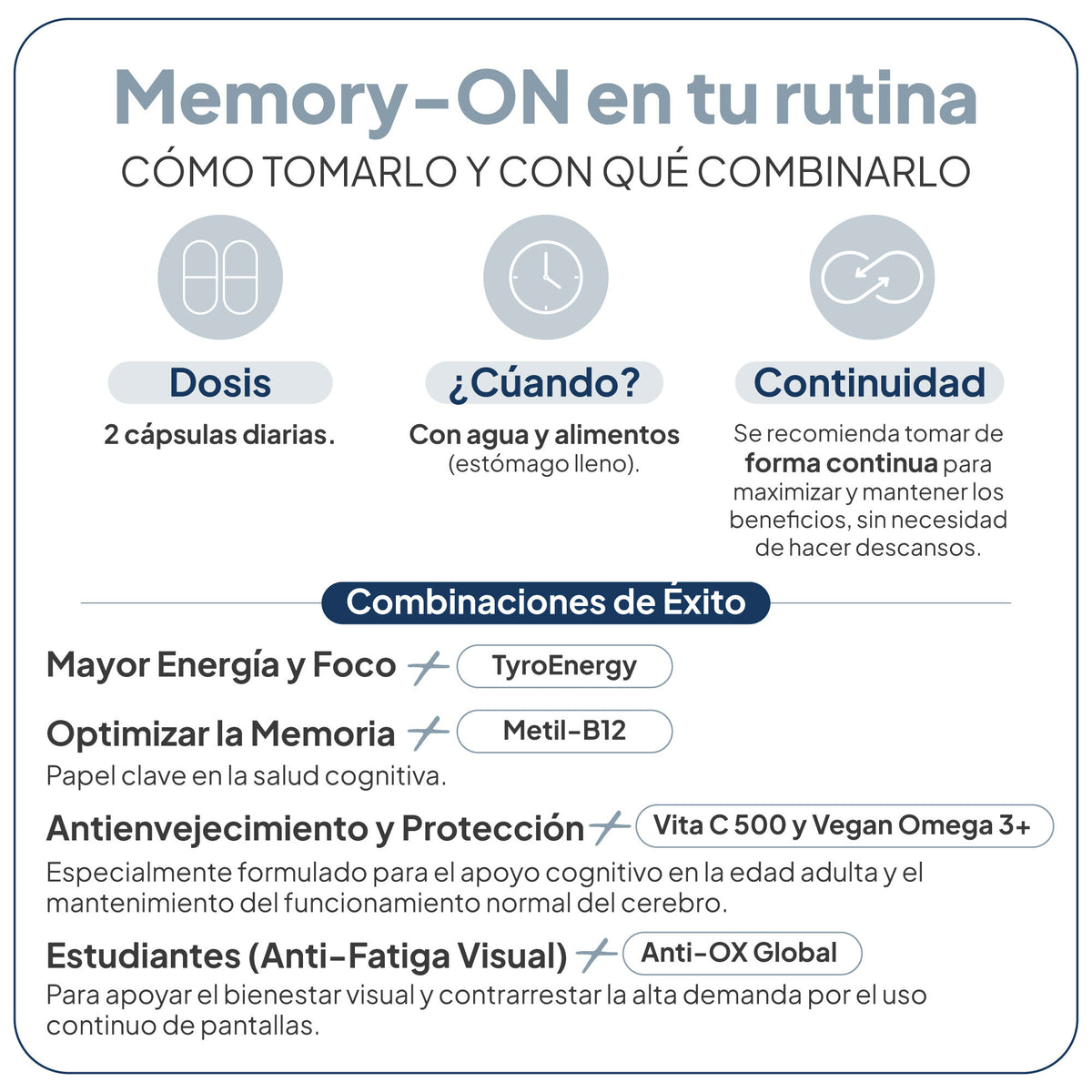 Memory-ON IVB – 2 cápsulas diarias con comida; combinaciones recomendadas: TyroEnergy para energía y foco, Metil-B12 para memoria, Vita C 500 y Vegan Omega 3+ para protección cognitiva, y Anti-OX Global para fatiga visual