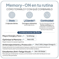 Memory-ON IVB – 2 cápsulas diarias con comida; combinaciones recomendadas: TyroEnergy para energía y foco, Metil-B12 para memoria, Vita C 500 y Vegan Omega 3+ para protección cognitiva, y Anti-OX Global para fatiga visual